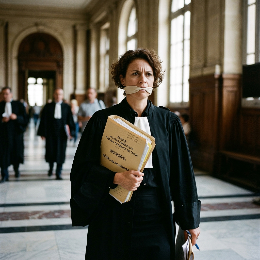 Lawyer gagged and holding confidential files in courthouse hallway