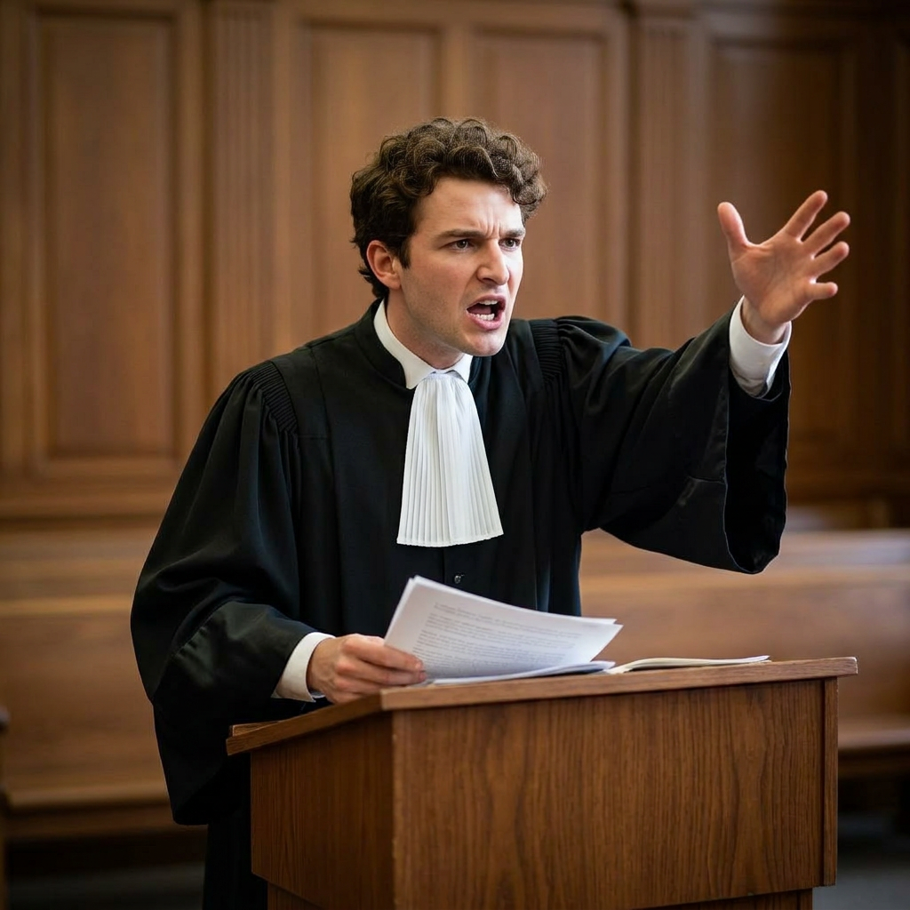 Only lawyer and lectern, more energetic, no symbols